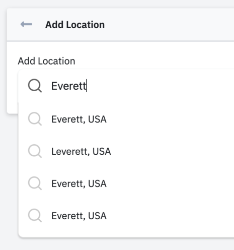 A dropdown menu showing three "Everett, USA" options and a Leverett, USA.