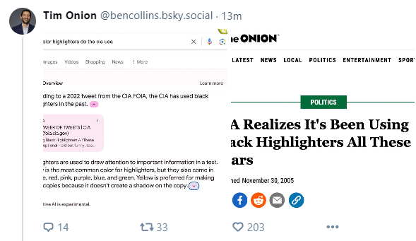 Google AI Overview for "what color highlighters do the cia use" quotes an Onion article entitled "CIA Realizes It's Been Using Black Highlighters All These Years"